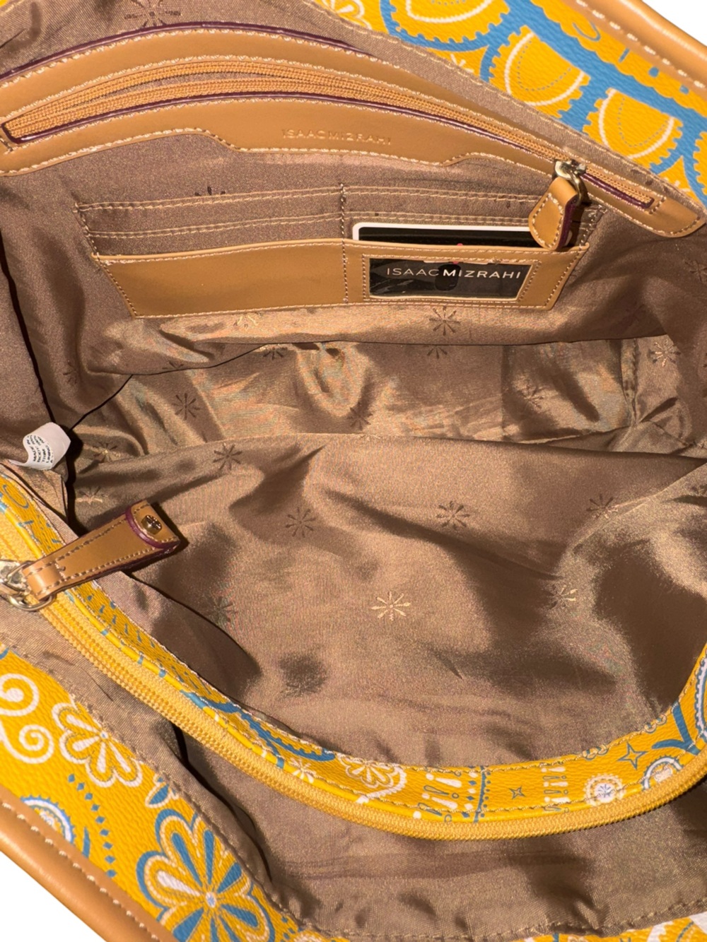 Isaac Mizrahi Yellow Paisley Floral Tote with Tan Handles - Picture 5 of 9
